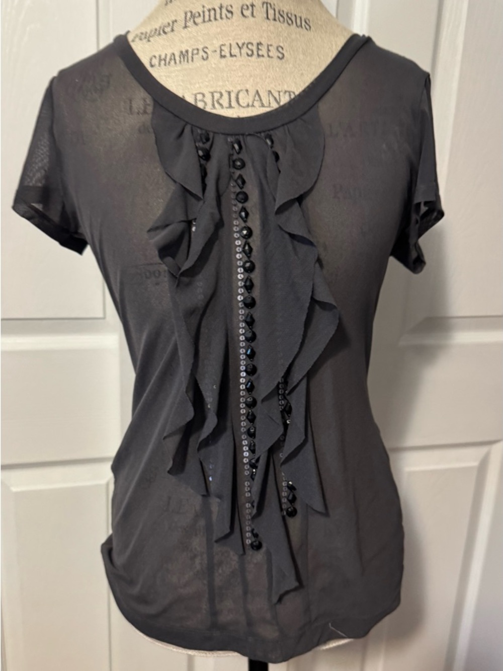 The Limited Black Beaded Gray Sequin Ruffle Front Short-Sleeve Medium Top